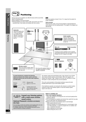 Page 66
Simple Setup
Positioning
RQTX0105
How you set up your speakers can affect the bass and the sound field. 
Note the following points:
≥Place speakers on flat secure bases.
≥Placing speakers too close to floors, walls, and corners can result in 
excessive bass. Cover walls and windows with thick curtains.[Note]
Keep your speakers at least 10 mm (13/32q) away from the system for 
proper ventilation.
Setup example 
Place the front, center, and surround speakers at approximately the 
same distance from the...