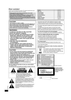 Page 22
RQTX0221
Dear customer
Thank you for purchasing this product. For optimum performance and 
safety, please read these instructions carefully.
THE FOLLOWING APPLIES ONLY IN THE U.S.A. AND CANADA.
(For wireless system)
The following mark and symbols are located on bottom of the unit.
≥These operating instructions are applicable to the model
SC-PT770 for a variety of regions.
≥Unless otherwise indicated, illustrations in these operating 
instructions are of the model for U.S.A. and Canada.
≥Operations in...