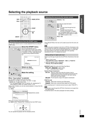 Page 1515
RQTX0221
Getting Started Playing Discs Other Operations Reference
Selecting the playback source
You can select desired source or access playback/menus by using the 
START menu.
When “Input select” is selectedYou can select a desired source from the menu.
≥DVD/CD (B12), FM (B13), AM (B13), AUX§ (Bright), 
DIGITAL IN§ (Bright), iPod (B26)§“(TV)” will appear beside “AUX” or “DIGITAL IN”, indicating the TV 
audio setting for VIERA Link “HDAVI Control” (B24).
When a disc is loaded, you can also access...