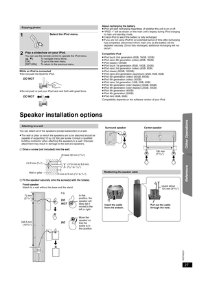 Page 2727
RQTX0221
Getting Started Playing Discs Other Operations Reference
While an iPod is connected
≥Do not push the Dock for iPod.
≥Do not push or pull your iPod back and forth with great force.About recharging the battery
≥iPod will start recharging regardless of whether this unit is on or off.
≥“IPOD¢” will be shown on the main unit’s display during iPod charging 
in main unit standby mode.
≥Check iPod to see if the battery is fully recharged.
≥If you are not using iPod for an extended period of time...