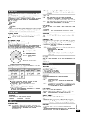 Page 2929
RQTX0221
Getting Started Playing Discs Other Operations Reference
Select to suit the type of equipment you connected to the HDMI AV OUT 
terminal.
Select “BITSTREAM” when the equipment can decode the bitstream 
(digital form of 5.1-channel data). Otherwise, select “PCM”.
(If the bitstream is output to the equipment without a decoder, high levels 
of noise can be output and may damage your speakers and hearing.)
DOLBY DIGITAL§
≥BITSTREAM≥PCMDTS§
≥BITSTREAM≥PCM§ When audio is output from HDMI AV OUT...