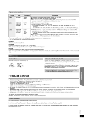 Page 3131
RQTX0221
Getting Started Playing Discs Other Operations Reference
≥There may be differences in the display order on the menu screen and computer screen.
≥This unit cannot play files recorded using packet write.
DVD-RAM
≥Discs must conform to UDF 2.0.
DVD-R/RW
≥Discs must conform to UDF bridge (UDF 1.02/ISO9660).
≥This unit does not support multi-session. Only the default session is played.
CD-R/RW
≥Discs must conform to ISO9660 level 1 or 2 (except for extended formats).
≥This unit supports...