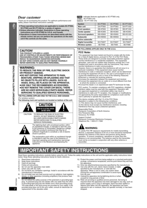 Page 2
RQTX0064
2
IMPORTANT SAFETY INSTRUCTIONS
Dear customer
Thank you for purchasing this product. For optimum performance and 
safety, please read these instructions carefully.[PT950]
 : indicates features applicable to SC-PT950 only.
[PT953]  : SC-PT953 only
[PT1050]  : SC-PT1050 only
THE FOLLOWING APPLIES ONLY IN THE U.S.A. AND CANADA
(For wireless system)
The following mark and symbols are located on bottom of the unit. THE FOLLOWING APPLIES ONLY IN THE U.S.A.
Read these operating instructions carefully...