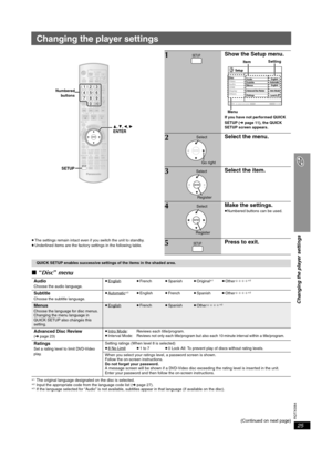 Page 25RQTX0064
25
Changing the player settings
Changing the player settings
≥The settings remain intact even if you switch the unit to standby.
≥Underlined items are the factory settings in the following table.
∫“Disc” menu
§1The original language designated on the disc is selected.§2Input the appropriate code from the language code list (➜page 27).§3If the language selected for “Audio” is not available, subtitles appear in that language (if available on the disc).
(Continued on next page)
AUTO
, , , ENTER...