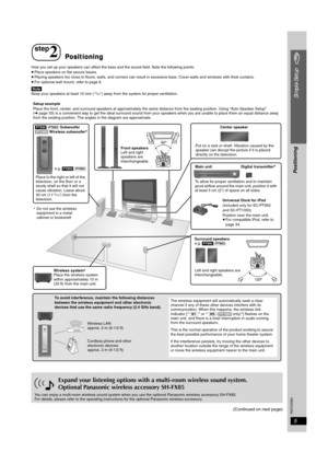 Page 5
RQTX0064
5
Simple Setup
How you set up your speakers can affect the bass and the sound field. Note the following points:
≥Place speakers on flat secure bases.
≥ Placing speakers too close to floors, walls,  and corners can result in excessive bass. Cover walls and windows with thick curta ins.
≥ For optional wall mount, refer to page 6.
[Note]Keep your speakers at least 10 mm (13/32q) away from the system for proper ventilation.
(Continued on next page)
Expand your listening options with a multi-room...