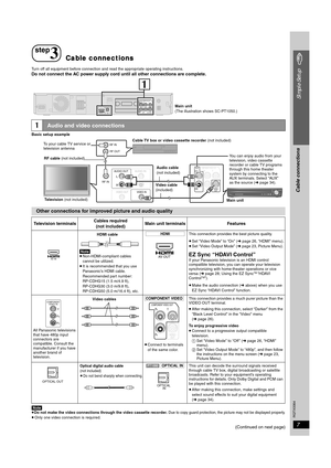 Page 7
RQTX0064
7
Simple Setup
Turn off all equipment before connection and read the appropriate operating instructions.Do not connect the AC power supply cord until all other connections are complete.
Basic setup example
[Note]≥Do not make the video connections through the video cassette recorder. Due to copy guard protection, the picture may not be displayed properly.≥ Only one video connection is required.
(Continued on next page)
1Audio and video connections
Other connections for improved picture and audio...