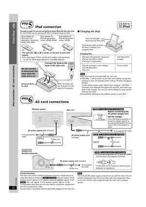 Page 10
RQTX0064
10
Simple Setup
Proceed to step 6 if you are not going to enjoy iPod with the main unit.For SC-PT953, use an optional SH-PD10 Universal Dock for iPod.∫Charging the iPod
Charging time
[Note]≥AC cord must be connected with the main unit.
≥ “OPTION ¢” will be shown on the main unit’s display during iPod 
charging in main unit standby mode. It will go off when charging is 
finished.
For the above models under “fixed 5-hour charging”, “OPTION ¢” 
continues to be displayed throughout this duration,...