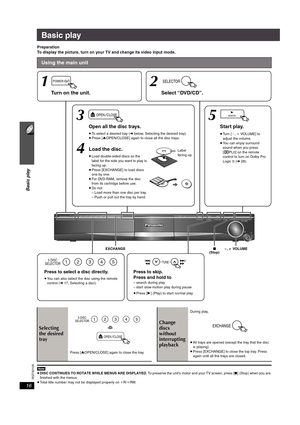 Page 1616
Basic play
RQTX0105
Basic play
Preparation
To display the picture, turn on your TV and change its video input mode.
[Note]
≥DISC CONTINUES TO ROTATE WHILE MENUS ARE DISPLAYED. To preserve the unit’s motor and your TV screen, press [∫] (Stop) when you are 
finished with the menus.
≥Total title number may not be displayed properly on iR/iRW.
Using the main unit
VOLUME
OPENCLOSE
SELECTOR12
3
4
MEMORY5
, +  VOLUME EXCHANGE
5 DISC
SELECTOR12345
POWER
TUNE
Start play.
≥Tu r n  [`, i VOLUME] to 
adjust the...