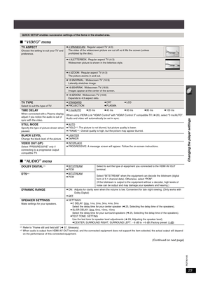 Page 2323
Changing the player settings
RQTX0105
∫“VIDEO” menu
∫“AUDIO” menu
§4Refer to “Frame still and field still” (➜ 37, Glossary).§5 When audio is output from HDMI AV OUT terminal, and the connected equipment does not support the item selected, the actual output will depend 
on the performance of this connected equipment.
(Continued on next page)
QUICK SETUP enables successive settings of the items in the shaded area.
TV ASPECTChoose the setting to suit your TV and 
preference.≥4:3PAN&SCAN: Regular aspect...
