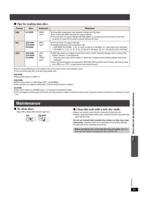 Page 3333
Discs that can be played / Maintenance
RQTX0105
∫Tips for making data discs
≥There may be differences in the display order on the menu screen and computer screen.
≥This unit cannot play files recorded using packet write.
DVD-R AM
≥Discs must conform to UDF 2.0.
DVD-R /RW
≥Discs must conform to UDF bridge (UDF 1.02/ISO9660).
≥This unit does not support multi-session. Only the default session is played.
CD-R/RW
≥Discs must conform to ISO9660 level 1 or 2 (except for extended formats).
≥This unit...