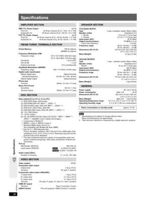 Page 36
RQTX0014
36
Specifications
Specifications
RMS TTL Power Output140 W
Front Ch  45 W per channel (6 ≠), 1 kHz, 10 % THD
Subwoofer Ch  50 W per channel (6 ≠), 100 Hz, 10 % THD
FTC TTL Power Output 80 W
Front Ch 25 W per channel (6  ≠), 
120 Hz–20 kHz, 1 % THDSubwoofer Ch 30 W per channel (6 ≠), 45 Hz–120 Hz, 1% THD
Preset Memory FM 30 stations
AM/MW 30 stations
Frequency Modulation (FM) Frequency range 87.9–107.9 MHz (200-kHz step) 87.5–108.0 MHz (100-kHz step)
Sensitivity 1.8 µV (IHF)
S/N 26 dB 1.4 µV...