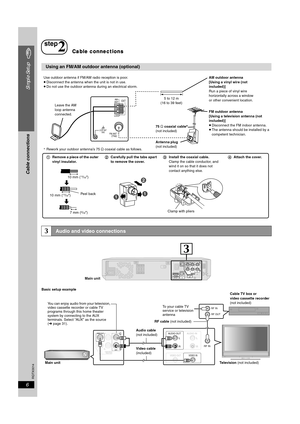 Page 6
RQTX0014
6
Simple Setup
Cable connections
Basic setup example
step
2Cable connections
Using an FM/AM outdoor antenna (optional)
3Audio and video connections

 
LOOP ANT 
GNDFM ANT
75
AM
ANT
LOOP EXT
Leave the AM 
loop antenna 
connected. AM outdoor antenna
[Using a vinyl wire (not 
included)]
Run a piece of vinyl wire 
horizontally across a window 
or other convenient location.
5 to 12 m
(16 to 39 feet)
FM outdoor antenna
[Using a television antenna (not 
included)]
≥Disconnect the FM indoor...