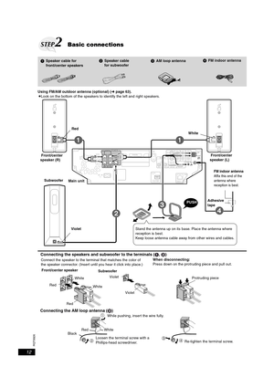 Page 12RQT8926
12
Using FM/AM outdoor antenna (optional) (➜page 63).
STEP2Basic connections
3AM loop antenna4FM indoor antenna
1Speaker cable for 
front/center speakers2Speaker cable 
for subwoofer
TRANSMITTERDIGITAL
OPTION
V.1
DC OUT    5V
500mA  MAX
RL
XMSPEAKERS
AC  IN™
DIGITALOPTICAL
OUTIN(TV) AV OUT
AM
ANT
FM
ANT
75


LAN
LOOP ANT GNDCOMPONENT
 VIDEO OUT
SUB-
WOOFER(4

)
CENTER
FRONT
(8

) (8

)
 VIDEO
OUTR
YL
RL
P   RP   B
(10BASE-T/
100BASE-TX)
AUX
TV IN
EXT
LOOP
Stand the antenna up on its base....