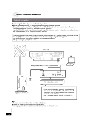 Page 20RQT8926
20
By connecting to the Internet, you can use the following functions:
≥You can obtain the most recent CD title information from the online Gracenote® database.
[This unit has an abbreviated Gracenote® database in the HDD. CD title information can be obtained even if you are not 
connected to the Internet. (➜page 31, About the Gracenote® database)].
≥Importing WMA/MP3 data (➜page 40), data backup (➜page 88), etc., are all functions that use the network. (Functions other 
than those listed above...