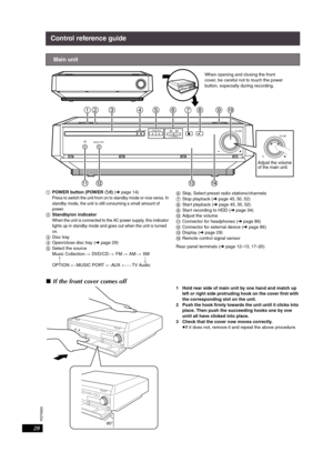 Page 28RQT8926
28
Control reference guide
1POWER button (POWER Í/I) (➜page 14)Press to switch the unit from on to standby mode or vice versa. In 
standby mode, the unit is still consuming a small amount of 
power.
2Standby/on indicator
When the unit is connected to the AC power supply, this indicator 
lights up in standby mode and goes out when the unit is turned 
on.
3Disc tray
4Open/close disc tray (➜page 29)
5Select the source
Music Collection ) DVD/CD ) FM ) AM ) XM
fv
OPTION ( MUSIC PORT ( AU X ( =TV...