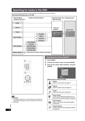 Page 46RQT8926
46
Searching for tracks in the HDD
You can use several methods to easily find tracks in the HDD that you want to listen to. 
Searching for/selecting tracks in the HDD
[HDD]
Preparation
1 To display the picture turn on the television and select the 
appropriate video input to suit the connections to this unit.
2Press [Í].
1Press [START].
2Press [34] to select “Listen” and press [ENTER].
3Press [34] to select “Music Collection” and press 
[ENTER].
Different ways to search for tracks
Albums
Music...