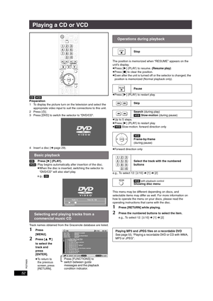 Page 52RQT8926
52
Playing a CD or VCD
[CD] [VCD]
Preparation
1 To display the picture turn on the television and select the 
appropriate video input to suit the connections to this unit.
2Press [Í].
3 Press [DVD] to switch the selector to “DVD/CD”.
4 Insert a disc (➜page 29).
[CD]:   Press [1](PLAY).
[VCD]: Play begins automatically after insertion of the disc.
≥When the disc is inserted, switching the selector to 
“DVD/CD” will also start play.
e.g., [CD]
Track names obtained from the Gracenote database are...