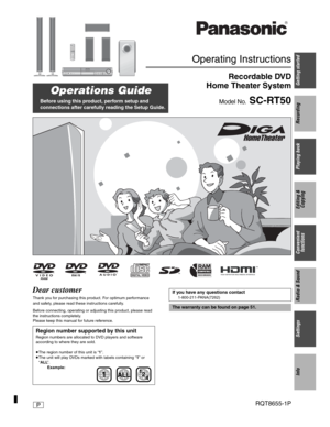 Page 1Getting started
Recording
Playing back
Editing & 
Copying
Convenient 
functions
Radio & Sound
Settings
Info
Operating Instructions
Recordable DVD
Home Theater System
Model No. SC-RT50
Dear customer
Thank you for purchasing this product. For optimum performance 
and safety, please read these instructions carefully.
Before connecting, operating or adjusting this product, please read 
the instructions completely.
Please keep this manual for future reference.
Region number supported by this unit
Region...