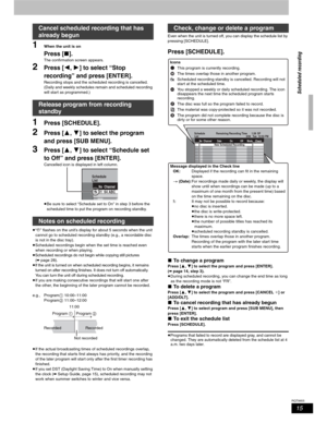 Page 1515
RQT8655
1When the unit is on
Press [w].
The confirmation screen appears.
2Press [,] to select “Stop 
recording” and press [ENTER].
Recording stops and the scheduled recording is cancelled.
(Daily and weekly schedules remain and scheduled recording 
will start as programmed.)
1Press [SCHEDULE].
2Press [,] to select the program 
and press [SUB MENU].
3Press [,] to select “Schedule set 
to Off” and press [ENTER].
Cancelled icon is displayed in left column.
pBe sure to select “Schedule set to On” in...