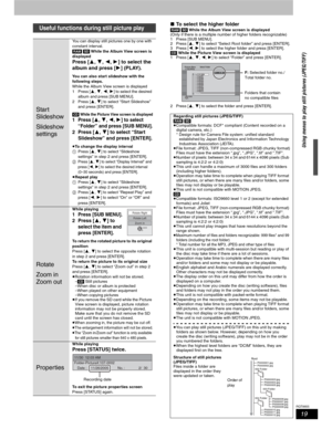 Page 1919
RQT8655
wTo select the higher folder
[RAM] [SD]While the Album View screen is displayed
(Only if there is a multiple number of higher folders recognizable)
1 Press [SUB MENU].
2Press [,] to select “Select Root folder” and press [ENTER].
3Press [,] to select the higher folder and press [ENTER].
[CD] While the Picture View screen is displayed
1Press [,,,] to select “Folder” and press [ENTER].
2Press [,] to select the folder and press [ENTER].Useful functions during still picture play
Start...