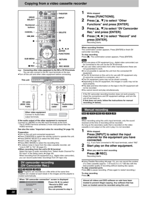 Page 3030
RQT8655
Copying from a video cassette recorder
e.g.:  Connecting other video equipment to the IN2 or DV IN terminalsYou can also connect to the IN1 input terminals on the rear.pTurn off the unit and other video equipment before connecting.
If the audio output of the other equipment is monaural
Connect to L/MONO on the IN2 input terminals at the front.
* The S VIDEO terminal achieves a more vivid picture than the 
VIDEO terminal.
See also the notes “Important notes for recording”(
➡page 10)...