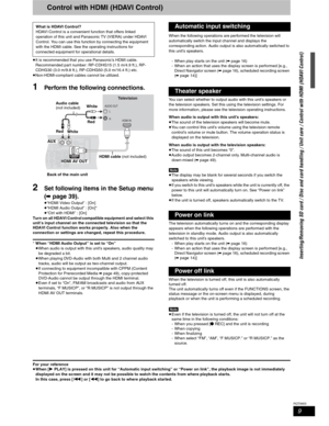 Page 99
RQT8655
Control with HDMI (HDAVI Control)
pIt is recommended that you use Panasonic’s HDMI cable.
Recommended part number: RP-CDHG15 (1.5 m/4.9 ft.), RP-
CDHG30 (3.0 m/9.8 ft.), RP-CDHG50 (5.0 m/16.4 ft.) etc.
pNon-HDMI-compliant cables cannot be utilized.
1Perform the following connections.
2Set following items in the Setup menu
(
➡ page 39).
p“HDMI Video Output” : [On]
p“HDMI Audio Output” : [On]*
p“Ctrl with HDMI” : [On]
Turn on all HDAVI Control compatible equipment and select this 
unit’s input...