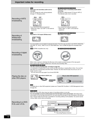 Page 1010
RQT8655
Important notes for recording
Recording of MTS 
broadcasting
[RAM]
Both main and secondary audio can be 
recorded
You can change the audio during playback.
(
➡ page 17, Changing audio)
If you record from external equipment
–Select both “Main” and “SAP” on the external 
equipment.[-R] [-R\DL] [-RW‹V›] [+R] [+R\DL] [+RW]
Select the main or secondary audio before 
recording
[➡ page 39, “Multi-channel TV Sound ( MTS )”]
The selected audio only is recorded.
If you record from external equipment
–...