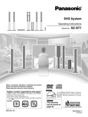 Page 1RQT6945-Y
H0203KA0
Before connecting, operating or adjusting this product,
please read these instructions completely.
Please keep this manual for future reference.
PP
DVD System
Operating Instructions
Model No.  SC-ST1
PHONESr
AV SYSTEMSLEEPFL DISPLAY
DIMMER
PLAY MODE
MIX 2CH
REPEAT
CANCELSKIP
CHTOP MENU
DISPLAY
VOLUMEMUTING
PL C.FOCUSSFCSUBWOOFER
LEVEL
FM MODE
SETUPZOOM GROUP AUDIORETURN
TV VOL –  TV VOL  +DIRECT
NAVIGATORPLAY LISTMENUSLOW/SEARCH123
456
78
09TUNER/BAND DVD/CDTV VCR /AUX
ENTERCH SELECT...