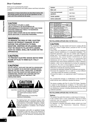 Page 22
RQT6945
Getting started
(Back of product)
Dear Customer
Thank you for purchasing this product.
For optimum performance and safety, please read these instructions
carefully.
Operations in these instructions are described mainly with
the remote control, but you can do the operations on the
main unit if the controls are the same.
SystemSC-ST1
SA-ST1
SB-FS901
SB-PC52
SB-WA330
Main unit
Front and surround 
speakers
Center speaker
Active subwoofer
CAUTION!THIS PRODUCT UTILIZES A LASER.
USE OF CONTROLS OR...