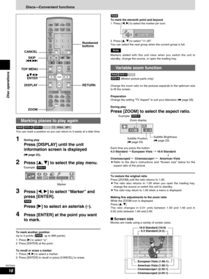 Page 1818
RQT6945
Disc operations
Discs—Convenient functions
AV SYSTEM
SLEEP
FL DISPLAY
DIMMER
PLAY MODE
MIX 2CH
REPEAT
CANCEL
SKIP
CH
TOP MENU
DISPLAY
VOLUME
MUTING
PL C.FOCUSSFCSUBWOOFER
LEVEL
FM MODE
SETUPZOOM GROUP AUDIO
RETURN
TV VOL  TV VOL DIRECT
NAVIGATORPLAY LISTMENU
SLOW/SEARCH
123
456
78
09
TUNER/BAND DVD/CD
TV VCR /AUX
ENTER
CH SELECT
TEST
TV/VIDEO
POSITION
MEMORY
S.SRND
C.S.M
10/ENTER>
=CANCELNumbered
buttons
RETURN TOP MENU
DISPLAY
ZOOMSKIP
u i
erw q
ENTER
Marking places to play again
You can mark...