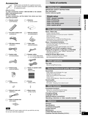 Page 33
RQT6945
Getting started
Table of contents
Getting started
IMPORTANT SAFETY INSTRUCTIONS................................4
Disc information
.........................................................................5
Control reference guide
...........................................................6
Disc operations
Discs—Basic play....................................................................13Position memory function ............................................................14
Skipping items/Fast...
