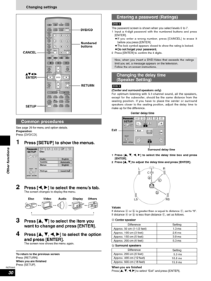 Page 3030
RQT6945
Other functions
Changing settings
AV SYSTEM
SLEEP
FL DISPLAY
DIMMER
PLAY MODE
MIX 2CH
REPEAT
CANCEL
SKIP
CH
TOP MENU
DISPLAY
VOLUME
MUTING
PL C.FOCUSSFCSUBWOOFER
LEVEL
FM MODE
SETUPZOOM GROUP AUDIO
RETURN
TV VOL  TV VOL DIRECT
NAVIGATORPLAY LISTMENU
SLOW/SEARCH
123
456
78
09
TUNER/BAND DVD/CD
TV VCR /AUX
ENTER
CH SELECT
TEST
TV/VIDEO
POSITION
MEMORY
S.SRND
C.S.M
10/ENTER>
=
DVD/CD
CANCEL
SETUPRETURN Numbered
buttons
erw q
ENTER
Common procedures
See page 29 for menu and option...