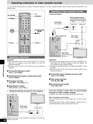 Page 3232
RQT6945
Other functions
Operating a television or video cassette recorder
AV SYSTEM
SLEEP
FL DISPLAY
DIMMER
PLAY MODE
MIX 2CH
REPEAT
CANCEL
SKIP
CH
TOP MENU
DISPLAY
VOLUME
MUTING
PL C.FOCUSSFCSUBWOOFER
LEVEL
FM MODE
SETUPZOOM GROUP AUDIO
RETURN
TV VOL  TV VOL DIRECT
NAVIGATORPLAY LISTMENU
SLOW/SEARCH
123
456
78
09
TUNER/BAND DVD/CD
TV VCR /AUX
ENTER
CH SELECT
TEST
TV/VIDEO
POSITION
MEMORY
S.SRND
C.S.M
10/ENTER>
=
AV SYSTEM^
TV/VIDEOTV
VCR/AUX
g  h  q
TV VOL –TV VOL  + SKIP
u i
2 CH 1
SLOW/SEARCH
t y...