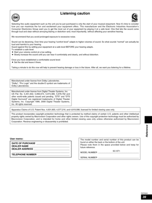 Page 3939
RQT6945
Reference
The model number and serial number of this product can be
found on either the back or the bottom of the unit.
Please note them in the space provided below and keep for
future reference.
MODEL NUMBER ____________________________________
SERIAL NUMBER ____________________________________
DATE OF PURCHASE  __________________________
DEALER NAME  _______________________________
DEALER ADDRESS ____________________________
_____________________________________________
TELEPHONE NUMBER...