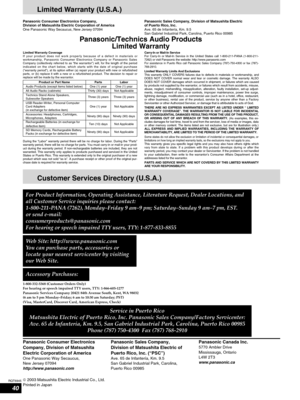 Page 4040
RQT6945
Panasonic Consumer Electronics
Company, Division of Matsushita
Electric Corporation of America
One Panasonic Way Secaucus, 
New Jersey 07094
http://www.panasonic.com
Panasonic Sales Company, 
Division of Matsushita Electric of
Puerto Rico, Inc. (“PSC”)
Ave. 65 de Infantería, Km. 9.5 
San Gabriel Industrial Park, Carolina, 
Puerto Rico 00985
Panasonic Canada Inc.5770 Ambler Drive
Mississauga, Ontario
L4W 2T3
www.panasonic.ca
2003 Matsushita Electric Industrial Co., Ltd. 
Printed in Japan...