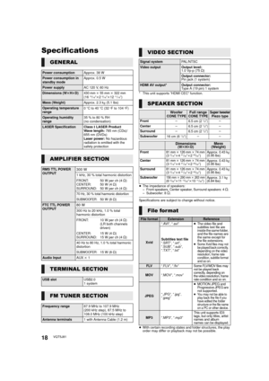 Page 1818VQT5J81
Specifications
* This unit supports “HDMI CEC” function.
≥The impedance of speakers:
– Front speakers, Center speaker, Surround speakers: 4
≠.
– Subwoofer: 8≠.
Specifications are subject to change without notice.
≥ With certain recording states and folder structures, the play 
order may differ or playback may not be possible.
GENERAL
Power consumption Approx. 38 W
Power consumption in 
standby modeApprox. 0.5 W
Power supply
AC 120 V, 60 Hz
Dimensions (WkHkD)430 mm k 55 mm k 322...