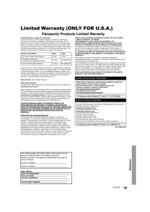 Page 1919VQT5J81
Reference
Limited Warranty (ONLY FOR U.S.A.)
Panasonic Products Limited Warranty
Limited Warranty Coverage (For USA Only)
If your product does not work properly because of a defect in materials or 
workmanship, Panasonic Corporation of North America (referred to as “the 
warrantor”) will, for the length  of the period indicated on the chart below, which 
starts with the date of original purchase (“warranty period”), at its option either 
(a) repair your product with new or refurbished parts,...