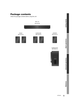 Page 55
Getting started
Basic operations
Advanced operations
Reference
VQT5J81
Package contents
Check the package contents before using this unit.
(SA-XH105)
FRONT(SB-HF3010)
SUBWOOFER(SB-HW3010)
CENTER(SB-HC3010)SURROUND(SB-HS3010)
Main unit
SC-XH105P-VQT5J81_mst.book  5 ページ  ２０１４年３月２０日　木曜日　午前１１時５分 