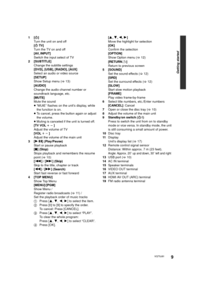 Page 99VQT5J81
Getting started
1[Í]
Turn the unit on and off
[Í TV]
Turn the TV on and off
[AV, INPUT]
Switch the input select of TV
2[SUBTITLE]
Change the subtitle settings
[DVD], [USB], [RADIO], [AUX]
Select an audio or video source
[SETUP]
Show Setup menu ( >13)
[AUDIO]
Change the audio channel number or 
soundtrack language, etc.
[MUTE]
Mute the sound
≥ “MUtE” flashes on the unit’s display, while 
the function is on.
≥ To cancel, press the button again or adjust 
the volume.
≥ Muting is canceled if the...