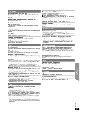 Page 2121
RQTX1230
Getting Started Playing Discs Other Operations Reference
  
It takes time before play starts. [MP3]
Play may take time to begin when an MP3 track has still picture data. 
Even after the track starts, the correct play time will not be displayed. This 
is normal. 
A menu screen appears during skip or search. [VCD]
This is normal for Video CDs.
Playback control menu does not appear.[VCD] with playback control
Press [MENU]C to change to PBC on and then press [RETURN]D 
during playback.
Play does...