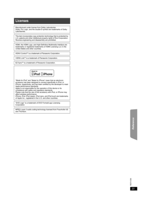 Page 2323
RQTX1230
Getting Started Playing Discs Other Operations Reference
  
Licenses
Manufactured under license from Dolby Laboratories.
Dolby, Pro Logic, and the double-D symbol are trademarks of Dolby 
Laboratories.
This item incorporates copy protection technology that is protected by 
U.S. patents and other intellectual property rights of Rovi Corporation. 
Reverse engineering and disassembly are prohibited.
HDMI, the HDMI Logo, and High-Definition Multimedia Interface are 
trademarks or registered...