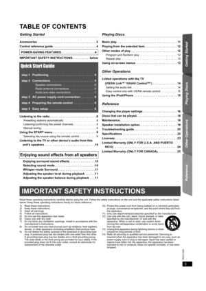 Page 55
Getting Started Playing Discs Other Operations Reference
RQTX1230
TABLE OF CONTENTS
Getting Started
Accessories  . . . . . . . . . . . . . . . . . . . . . . . . . . . . . . . . . . . .2
Control reference guide . . . . . . . . . . . . . . . . . . . . . . . . . . .4
IMPORTANT SAFETY INSTRUCTIONS . . . . . . . . . .  below
Quick Start Guide
step 1 Positioning  . . . . . . . . . . . . . . . . . . . . . . . . . . .  6
step 2 Connections  . . . . . . . . . . . . . . . . . . . . . . . . . .  6
Speaker...