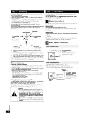 Page 66
RQTX1230
How you set up your speakers can affect the bass and the sound field.
Note the following points:
≥Place speakers on flat secure bases.
≥Keep your speakers at least 10 mm (
13/32q) away from the system for 
proper ventilation.
≥Placing speakers too close to floors, walls, and corners can result in 
excessive bass. Cover walls and windows with thick curtains.
≥For optional wall mount, refer to page 19.
Setup example (“Surround layout (Recommended)”: Standard 
surround placement)
Place the front,...