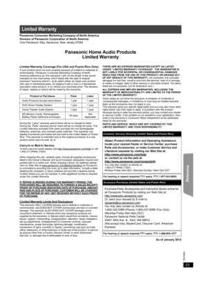 Page 2323
RQT9584
Getting Started
Playing Discs
Other Operations
Reference
  
Panasonic Consumer  Marketing Company of North America,
Division of Panasonic Corporation of North America
One Panasonic Way, Sec aucus, New Jersey 07094
Panasonic Home Audio Products
Limited Warranty
Limited Warranty Coverage (For USA and Puerto Rico Only)If your product does not work properly because of a defect in materials or 
workmanship, Panasonic Consumer Marketing Company of North 
America (referred to as “the warrantor”)...