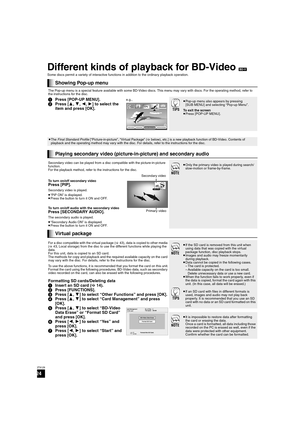 Page 2424
RQT9129
Different kinds of playback for BD-Video [BD-V]
Some discs permit a variety of interactive functions in addition to the ordinary playback operation.
Showing Pop-up menu
The Pop-up menu is a special feature available with some BD-Video discs. This menu may vary with discs. For the operating method, refer to 
the instructions for the disc.
1Press [POP-UP MENU].
2Press [3,4,2,1] to select the 
item and press [OK].≥Pop-up menu also appears by pressing 
[SUB MENU] and selecting “Pop-up Menu”.
To...