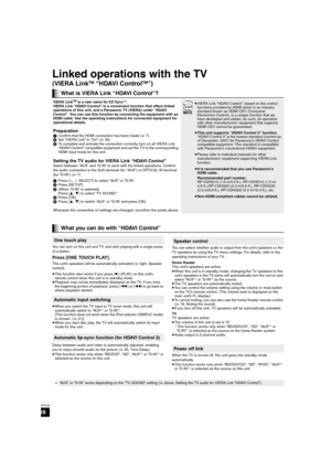 Page 2828
RQT9129
Linked operations with the TV
(VIERA LinkTM “HDAVI ControlTM”)
You can turn on this unit and TV, and start playing with a single press 
of a button.
Press [ONE TOUCH PLAY].
This unit’s speakers will be automatically activated (>right, Speaker 
control).
≥This function also works if you press [1] (PLAY) on this unit’s 
remote control when this unit is in standby mode.
≥Playback may not be immediately displayed on the TV. If you miss 
the beginning portion of playback, press [:] or [6] to go...