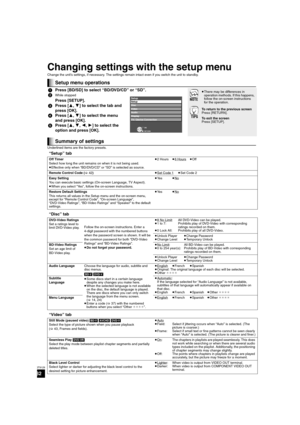 Page 3232
RQT9129
Changing settings with the setup menu
Change the unit’s settings, if necessary. The settings remain intact even if you switch the unit to standby.
Underlined items are the factory presets.
Setup menu operations
1Press [BD/SD] to select “BD/DVD/CD” or “SD”.
2
While stopped
Press [SETUP].
3Press [3,4] to select the tab and 
press [OK].
4Press [3,4] to select the menu 
and press [OK].
5Press [3,4,2,1] to select the 
option and press [OK].
≥There may be differences in 
operation methods. If this...