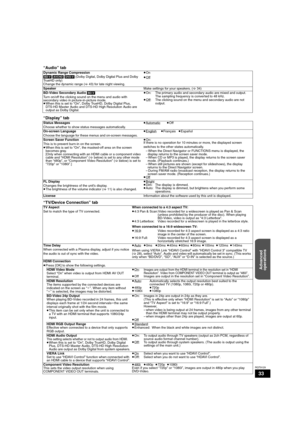 Page 3333
RQT9129
“Audio” tab
Dynamic Range Compression
[BD-V] [AVCHD] [DVD-V] (Dolby Digital, Dolby Digital Plus and Dolby 
TrueHD only)
Change the dynamic range (>43) for late night viewing.≥On
≥Off
SpeakerMake settings for your speakers. (>34)
BD-Video Secondary Audio [BD-V]
Turn on/off the clicking sound on the menu and audio with 
secondary video in picture-in-picture mode.
≥When this is set to “On”, Dolby TrueHD, Dolby Digital Plus, 
DTS-HD Master Audio and DTS-HD High Resolution Audio are 
output as...