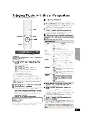 Page 2727
RQT9508
Enjoying TV, etc. with this unit’s speakers
You can enjoy TV broadcasts with this unit’s speakers.
PreparationConfirm the audio connection to the OPTICAL IN or AUX terminal on 
the main unit. (>10 to 12)
Turn on the TV.
1 Press [EXT-IN] several times to select “D-IN 1” 
(DIGITAL IN 1)*1, “D-IN 2” (DIGITAL IN 2)*2 or 
“AUX”*1.Main unit: Press [SELECTOR].
≥ D-IN 1 (DIGITAL IN 1) *
1:
When connecting using OPTICAL 1(TV) terminal.
≥ D-IN 2 (DIGITAL IN 2) *
2:
When connecting using OPTICAL 2(STB)...