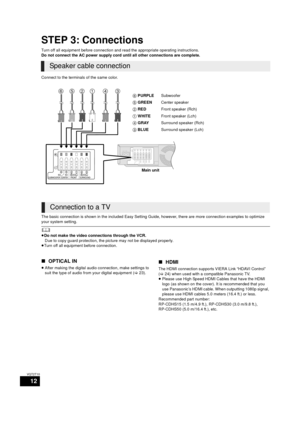 Page 1212
VQT2T10
STEP 3: Connections
Turn off all equipment before connection and read the appropriate operating instructions.
Do not connect the AC power supply cord until all other connections are complete.
Connect to the terminals of the same color.
The basic connection is shown in the included Easy Setting Guide, however, there are more connection examples to optimize 
your system setting.
	
≥ Do not make the video connections through the VCR.
Due to copy guard protection, the picture may not be displayed...